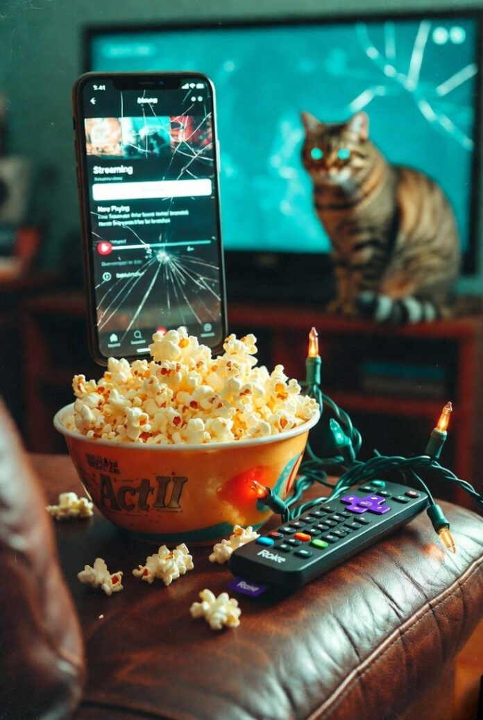 A curious cat watches a glowing TV as spilled popcorn, a tangled Roku remote in Christmas lights, and a cracked phone showing a streaming app sit on a worn leather couch armrest.