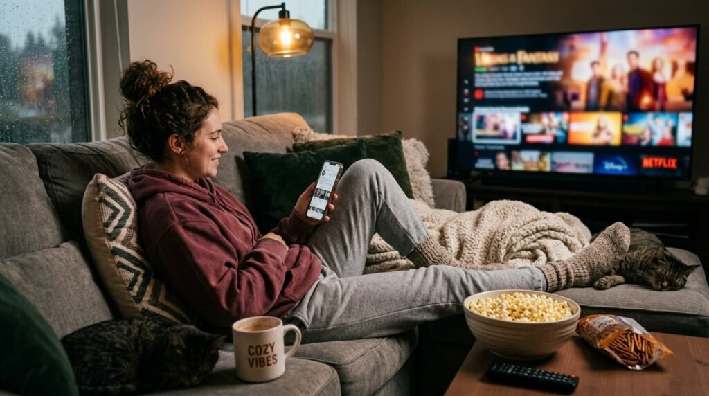 Using a close match from search: cozy couch lounging with phone/TV vibe – think relaxed home setup with snacks