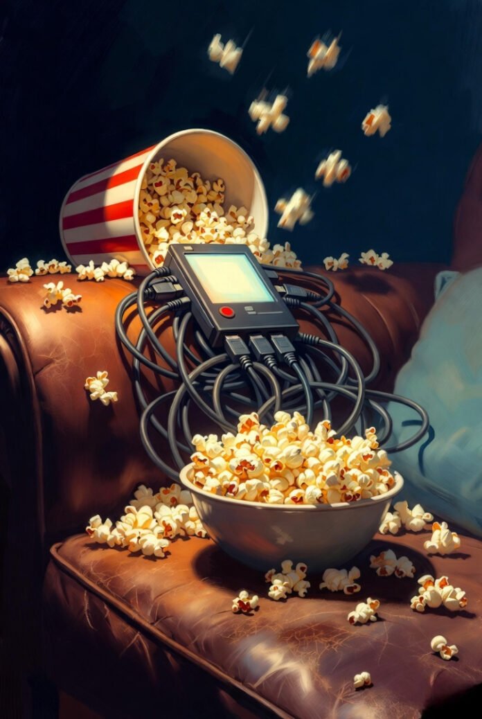 Cozy home movie night chaos: spilled popcorn, tangled HDMI cables, glowing clapperboard remote, floating kernels in starry pattern.