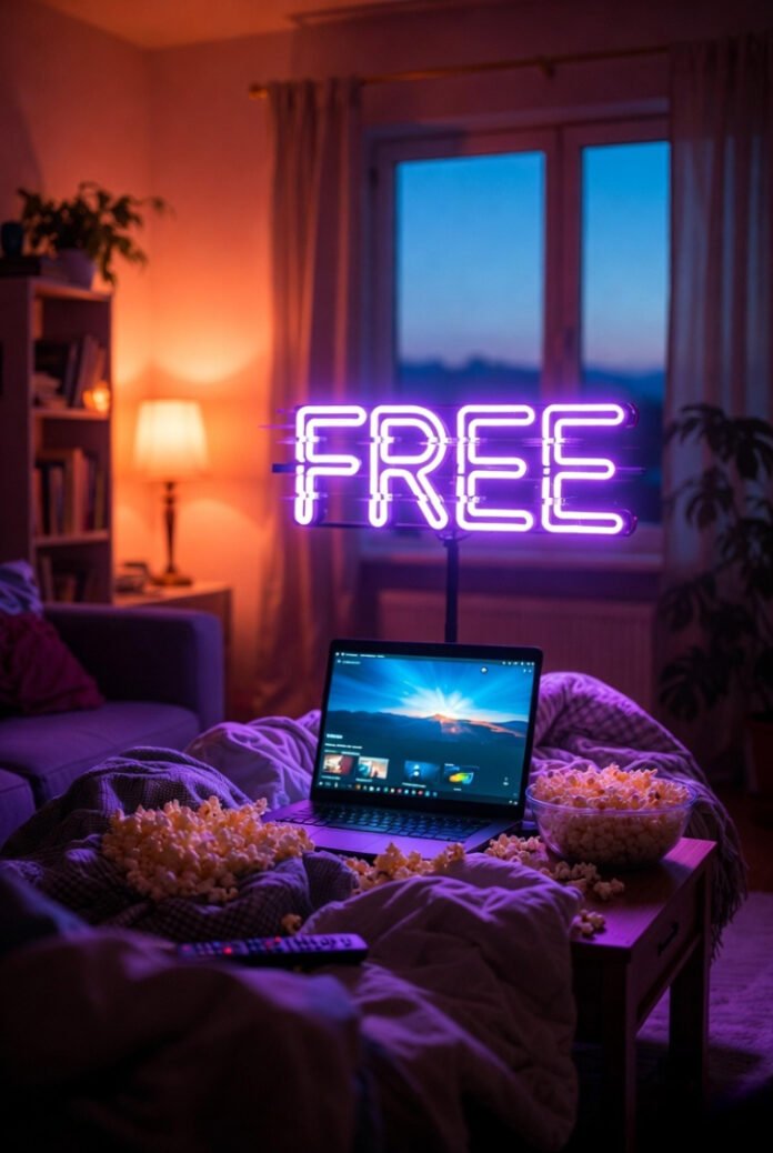 Cozy dusk living room binge setup with spilling popcorn, glowing laptop, and a glitchy purple 