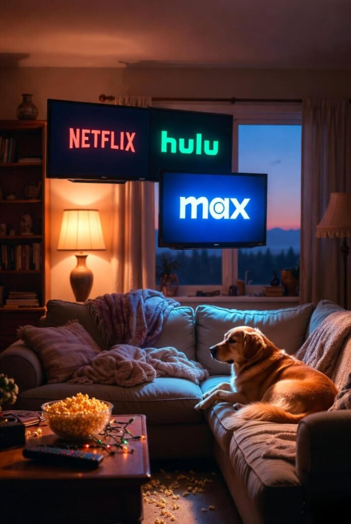 Cozy dusk living room with floating Netflix, Hulu, and Max screens, popcorn spill, tangled Christmas lights remote, and sleepy golden retriever watching