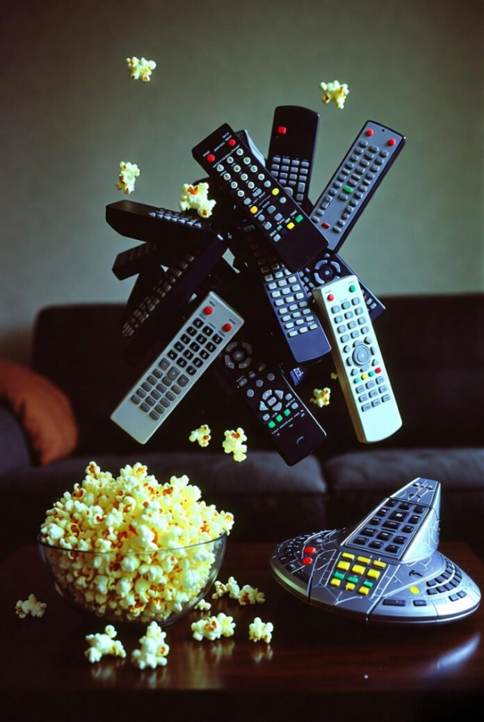 Cluttered coffee table with floating vintage TV remotes arguing mid-air, glowing neon popcorn spill, and cracked spaceship-shaped remote in a dimly lit room.