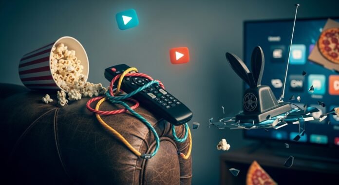 floating glowing streaming play buttons mixed with scattered pizza box corners. Emotional tone