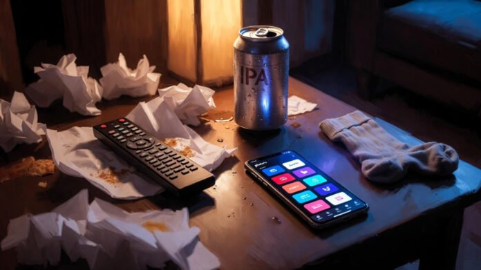 Cluttered coffee table at night: old remote buried in pizza napkins, sweating IPA can, glowing Pluto TV guide on phone, and one rogue sock hanging off the edge under warm amber and cool blue light.