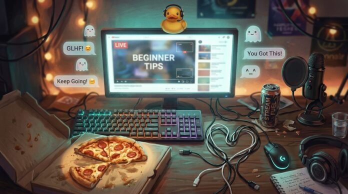 a classic rubber duck perched triumphantly on a glowing monitor like it's the stream boss, a half-eaten cold pizza slice dramatically spotlit by RGB keyboard glow as if it's the main character