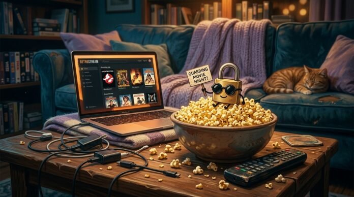 my actual living room couch at like 10 pm, laptop balanced on a pillow showing the Tubi home screen, crumpled Chipotle bag next to it with foil poking