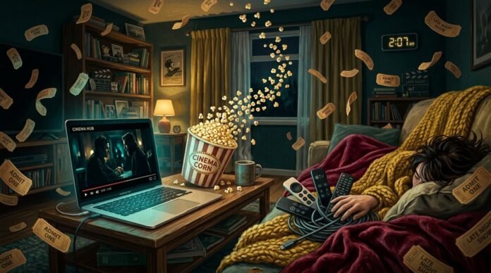a cozy living room laptop screen glowing with a movie scene, a half-spilled bowl of popcorn kernels scattered on a worn blanket, an old-school remote tangled in headphone cords,