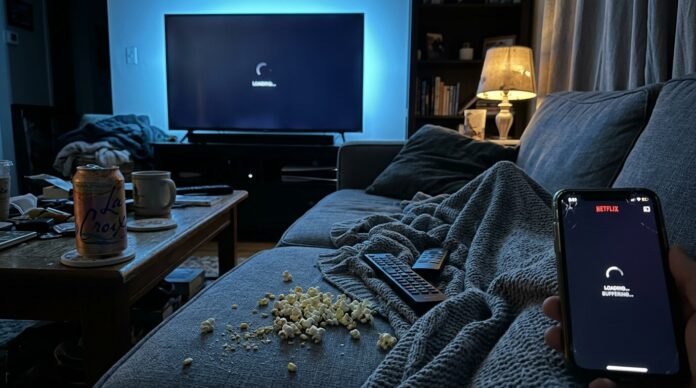 half-drunk LaCroix can sweating on the coffee table, and my phone screen cracked in the corner showing some streaming app loading forever.