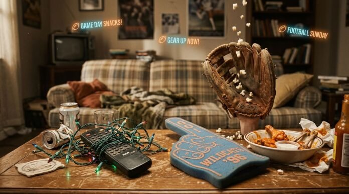 classic TV remote tangled in Christmas lights (even though it's not holiday season), an oversized foam finger from a long-forgotten team leaning against a half-eaten bowl of buffalo wings,