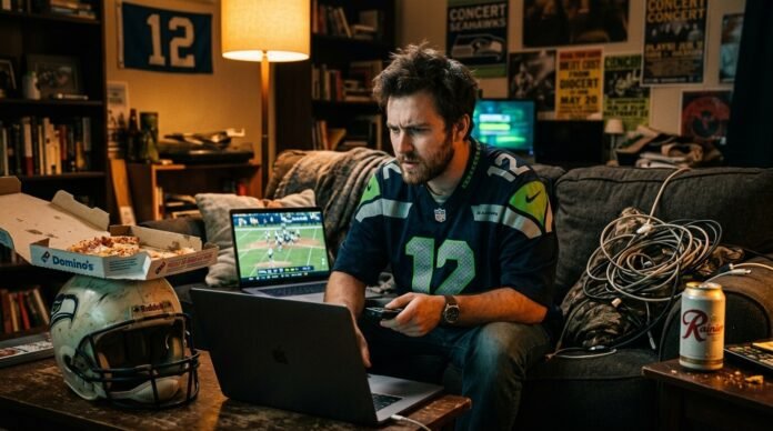 laptop open streaming an NFL game, surrounded by 2–3 quirky objects—a half-eaten cold pizza box balanced on a football helmet