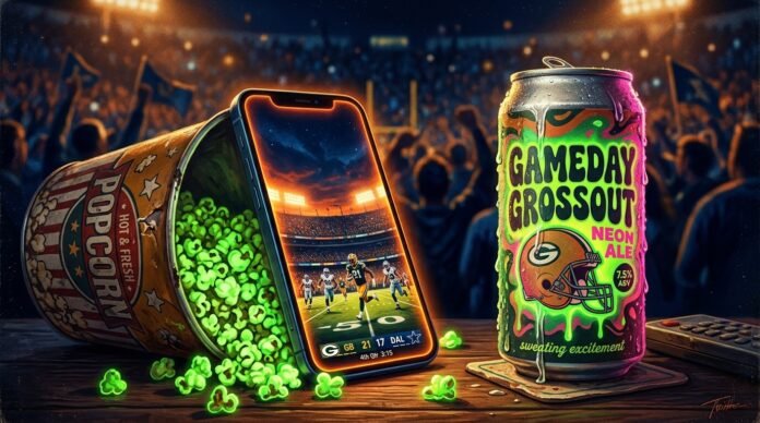 close-up of a modern smartphone glowing with a live NFL football game on screen, propped against an old-school metal popcorn bucket spilling neon-green