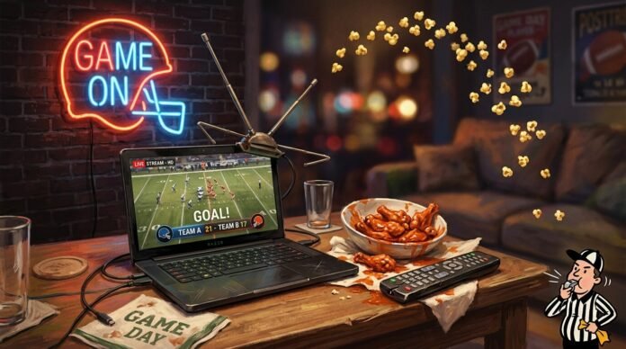 an old-school rabbit-ear antenna balanced precariously on a modern laptop streaming a game, a half-eaten bowl of buffalo wings