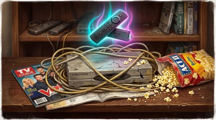 Quirky unexpected motifs include a single lonely TV Guide magazine from 2012 lying open underneath and a half-eaten bag of microwave popcorn spilling kernels across both devices.