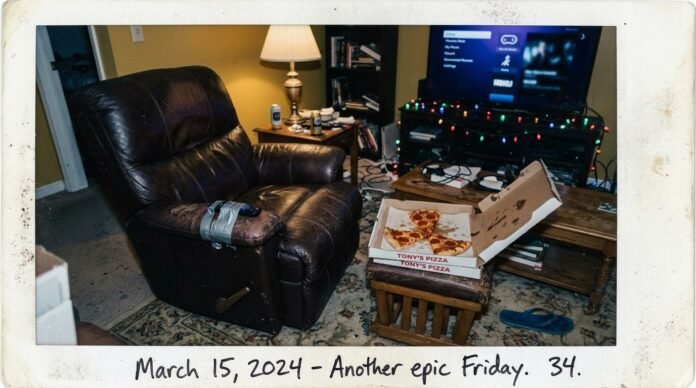 faded mustard yellows, bruised purples, and the cold blue-white glow from the TV fighting against warm lamp light.
