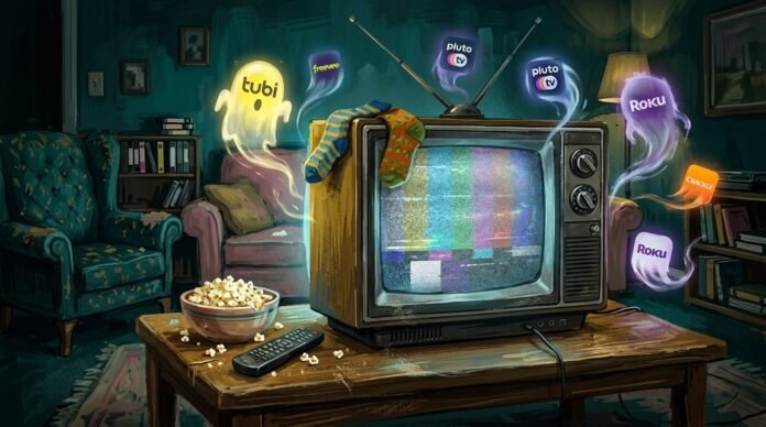 an old-school bulky CRT TV sitting on a worn wooden coffee table in a dimly lit living room,