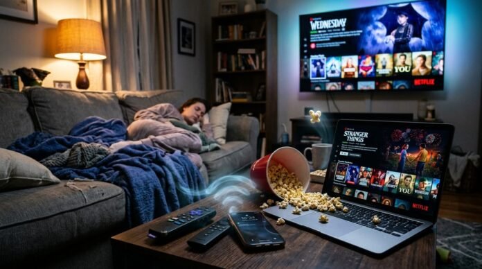 gray couch sagging under rumpled blankets, three mismatched remotes (a chunky old Roku one, a slim black streaming stick controller, and a phone propped up)