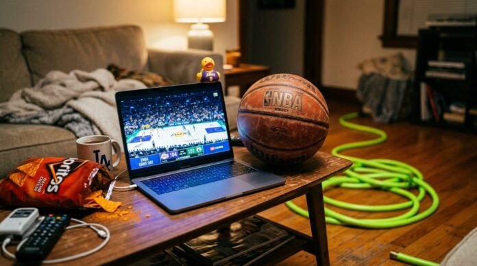 open MacBook streaming an NBA game, a half-eaten bag of Doritos spilling orange dust,