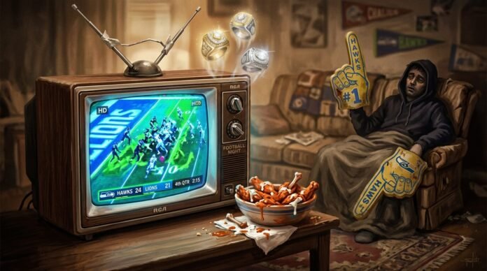 It features 2-3 specific objects: an old-school rabbit-ear antenna TV blasting a crisp HD football game