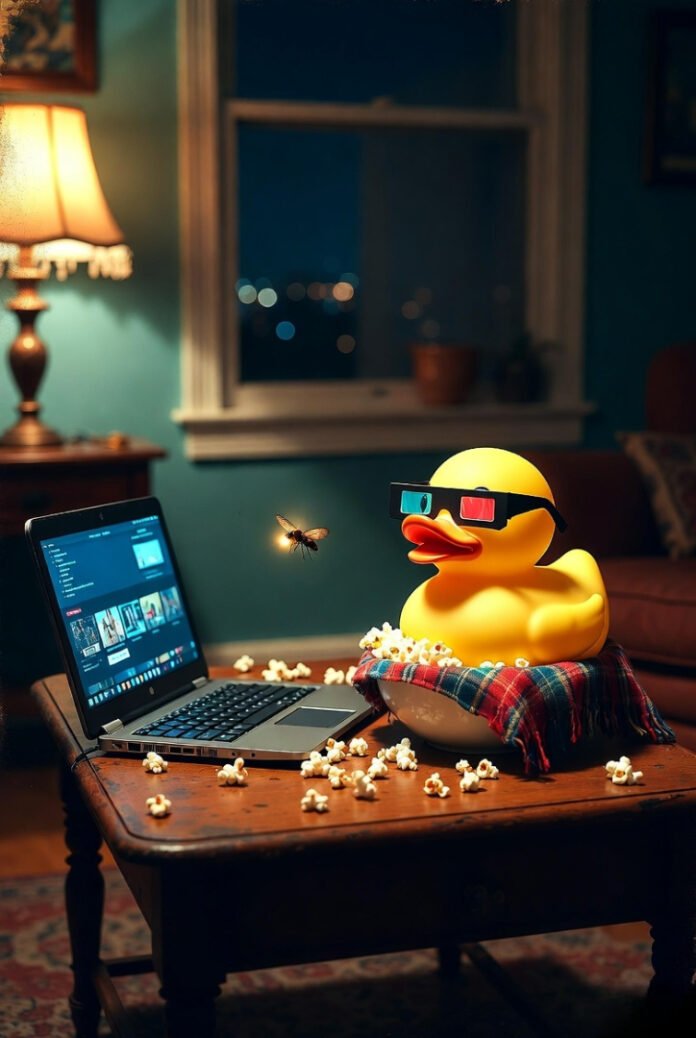Cozy night living room: laptop streaming on coffee table, spilled popcorn bowl, yellow rubber duck in 3D glasses, glowing firefly watching too—quiet hopeful vibes.