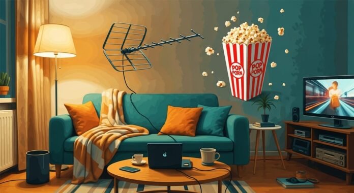 A cozy living room couch with a laptop propped open streaming a glowing TV show screen