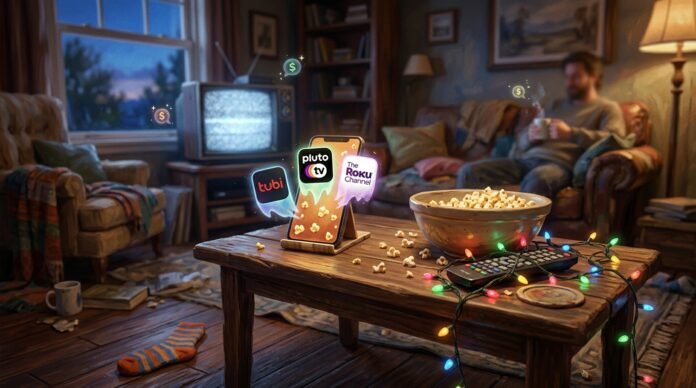 A cozy living room scene at dusk features a smartphone propped on a coffee table displaying colorful app icons for Tubi, Pluto TV,