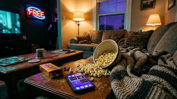 center showing glowing app icons for Tubi, Pluto TV, and Kanopy. Oversized popcorn bowl tipped over spilling kernels everywhere, half-eaten box of Milk Duds nearby, TV remote lost in the folds of a worn throw blanket. Q