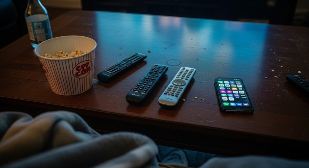 A candid shot of my messy coffee table with three remotes, a half-empty popcorn bowl, phone showing app icons, and the TV glowing