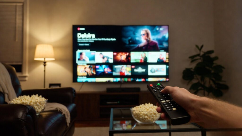 Cozy living room at night: hand holding remote, bowl of popcorn on coffee table, blanket on couch, big TV displaying movie thumbnails