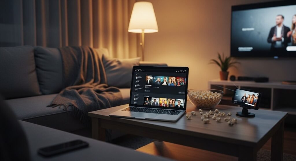 High-res shot of a lived-in living room couch with a laptop propped on a coffee table,