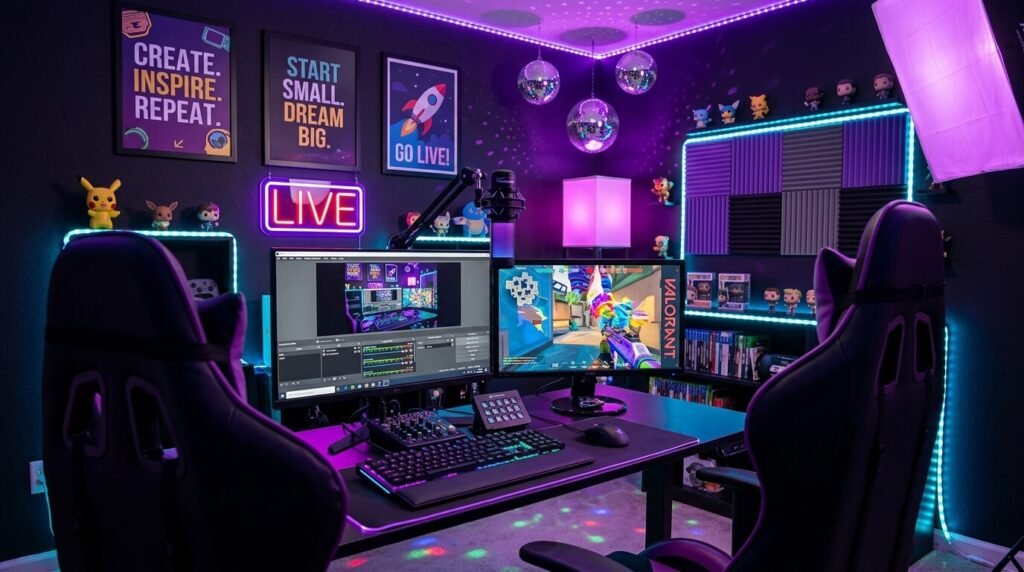 A real messy-but-cool American gaming/streaming desk setup with dual monitors, mic on arm, RGB lights, energy drinks, and clutter—perfect beginner chaos vibe