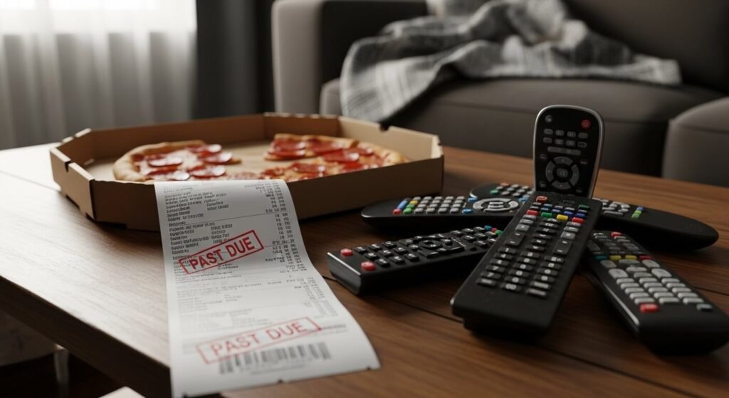 A candid shot of a crumpled cable bill on a coffee table next to a half-eaten takeout pizza box and a remote control graveyard