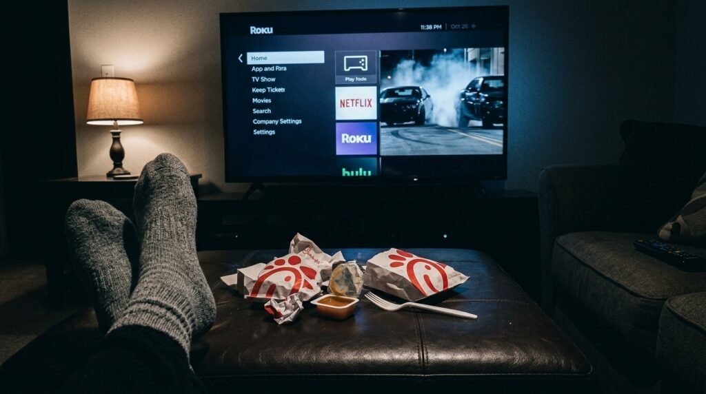 TV paused mid-car-chase, Roku home screen in the background, my socked feet in frame, Chick-fil-A wrapper crime scene on the ottoman, dim lamp barely lighting anything.