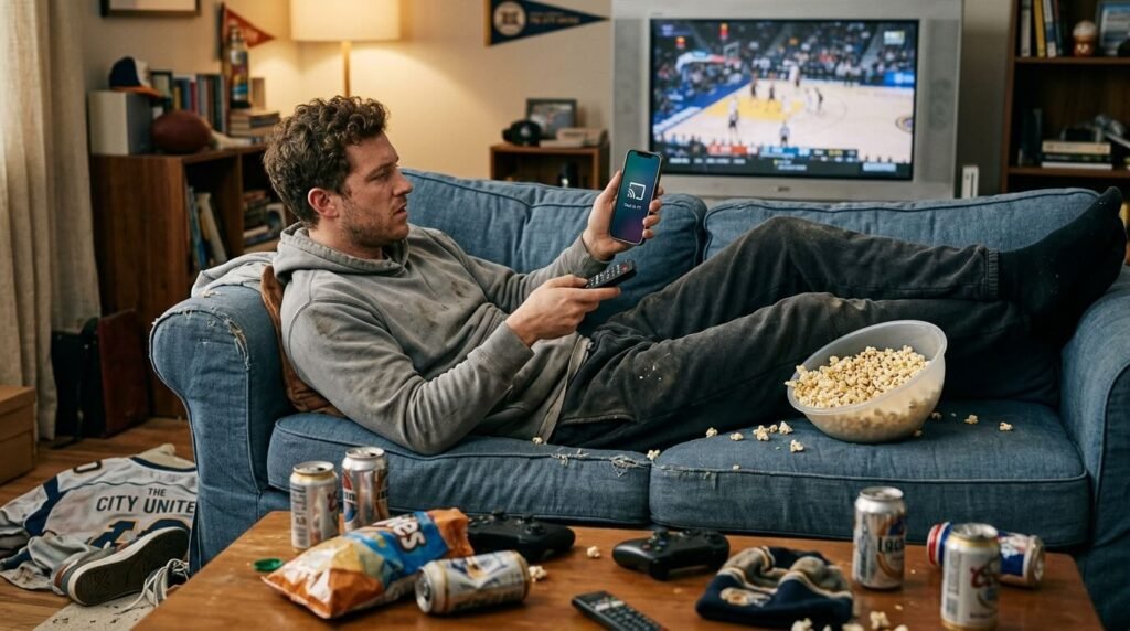 A candid shot of me sprawled on my beat-up couch in sweatpants, bowl of half-eaten popcorn tipping over, remote in one hand, phone