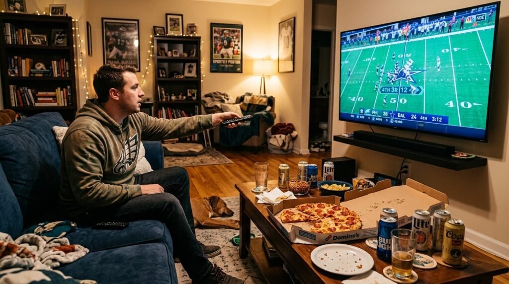 A cozy living room setup with a big TV showing a football game, scattered beer cans and a pizza box on the coffee table,