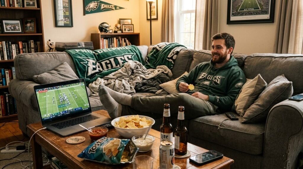 A cozy, slightly messy living room setup with a guy (me, basically) lounging on a worn gray couch in a team hoodie, laptop on coffee table streaming NFL action