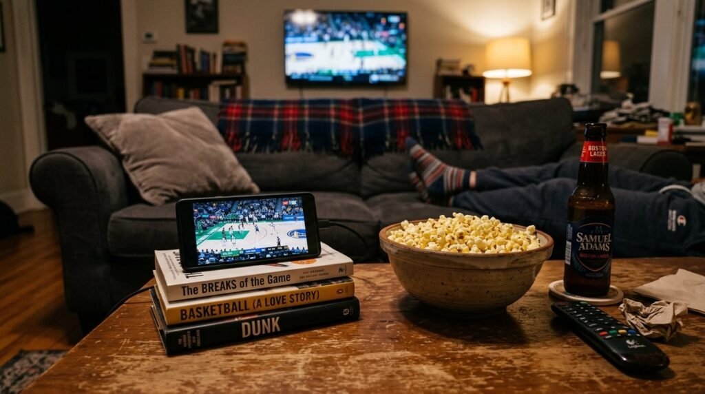 This would be a casual, slightly messy shot of my phone propped on a stack of books, screen showing a basketball game, with a bowl of popcorn.