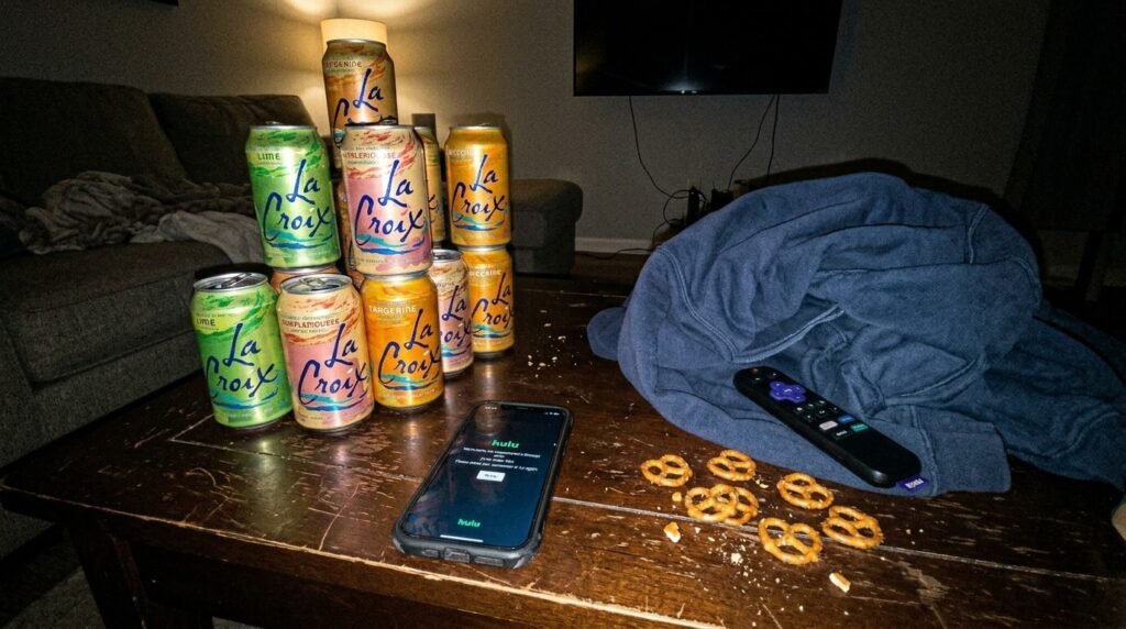 empty LaCroix can tower, phone showing Hulu app with a timeout error,