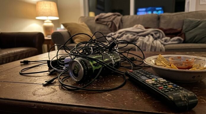 A real-life, slightly messy coffee table snapshot: crumpled cable statement half under an empty energy drink can, old black remote with sticky buttons, bowl of half-eaten tortilla chips
