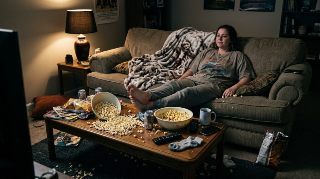 popcorn massacre, dim lamp, total slob energy. That's exactly how my Friday nights look.