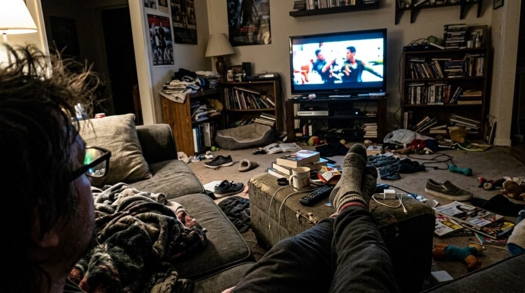 takeout containers and crumbs on the coffee table next to the remote,