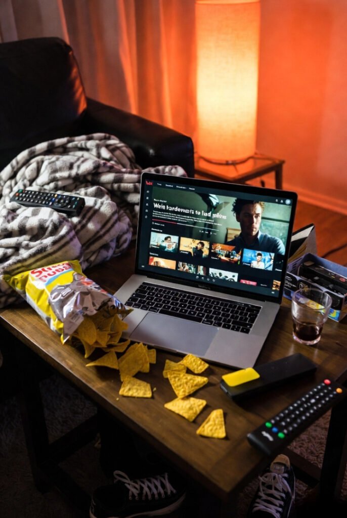 Messy coffee table movie night: Tubi on laptop, spilled tortilla chips, remote buried in blanket, warm orange lamp glow.