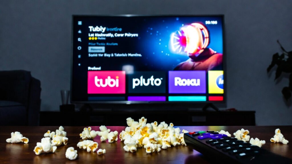 Close-up of glowing TV screen displaying Tubi, Pluto, and Roku app icons in a dim room, with scattered popcorn kernels and a remote pointed at the screen