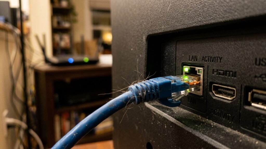 I bought one of those flat white Ethernet cables (long one, like 25 feet), snaked it under the rug along the wall, and plugged my Fire Stick directly into the router.