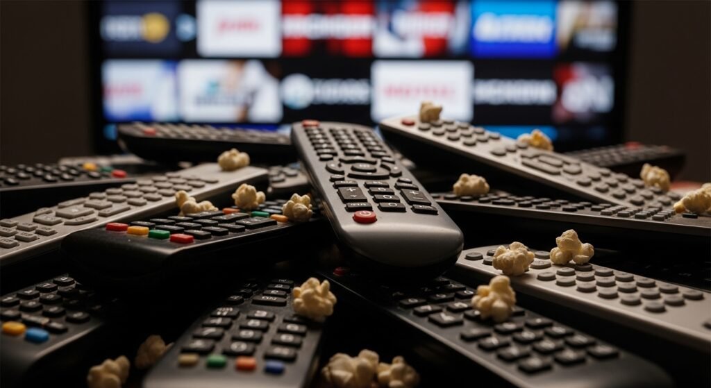 remotes piled up with popcorn kernels scattered, slightly out-of-focus