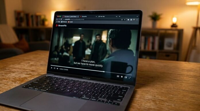 Smiling man watching movie on laptop eating popcorn at home stock photo