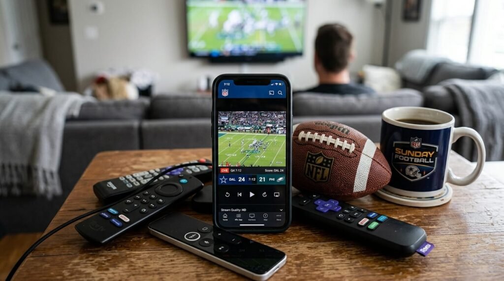 Close-up of a phone screen showing NFL app with live game stream, surrounded by scattered remotes, a football, and coffee mug—symbolizing the multi-app chaos of cord-cutting.