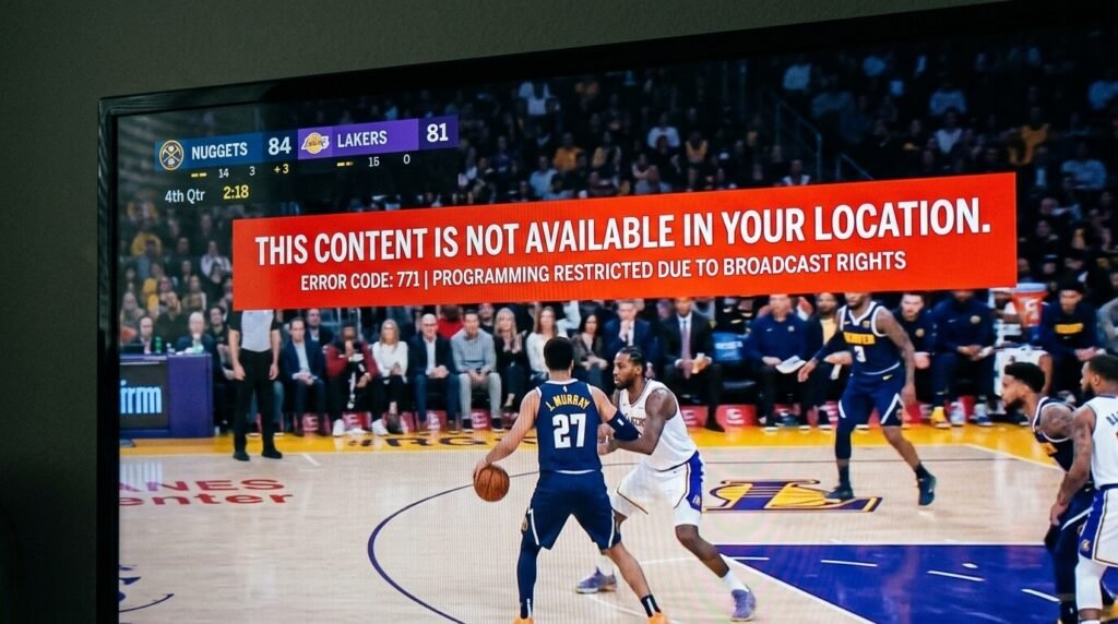 TV screen mid-game—scorebug says Nuggets up by 3, but there's a big red "This content is not available in your location" banner across half the picture.