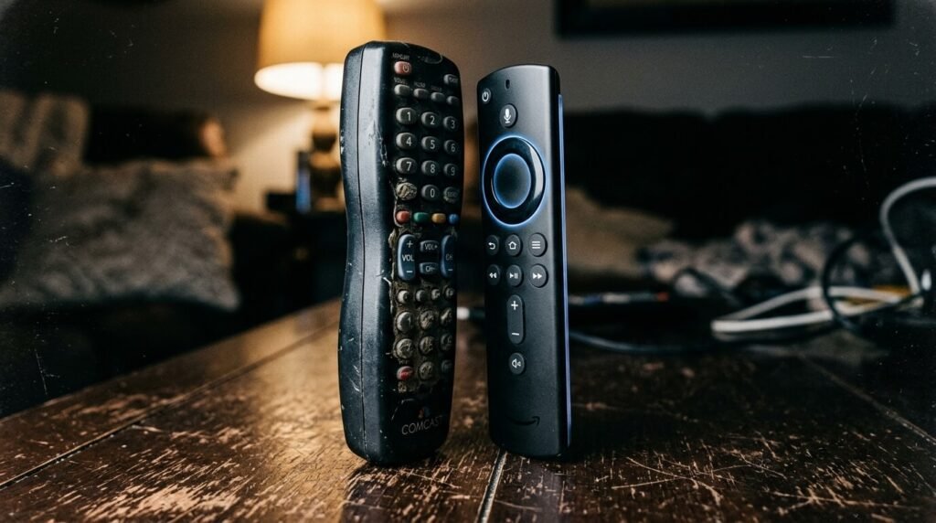 one chunky old cable remote with worn rubber buttons, one slim streaming remote glowing faintly blue,
