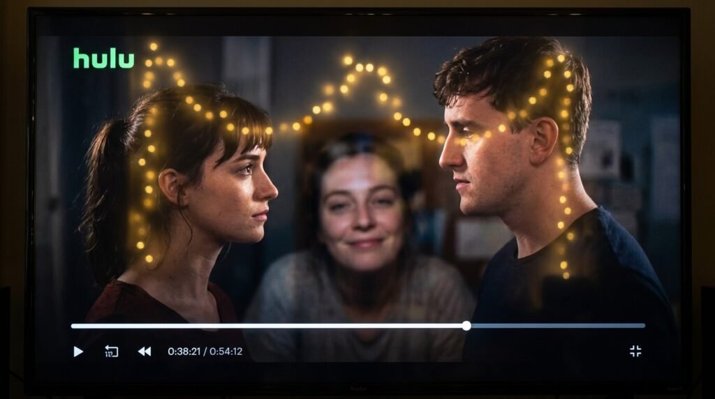 Unique close-up perspective – TV screen frozen on a Hulu drama mid-argument, reflection of fairy lights and my blurry face in the glass looking tired