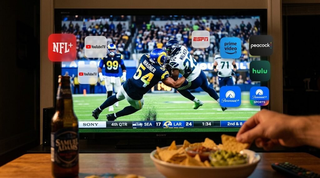 TV screen mid-game with NFL action frozen on a dramatic tackle, overlaid with streaming app icons floating like app bubbles, snacks